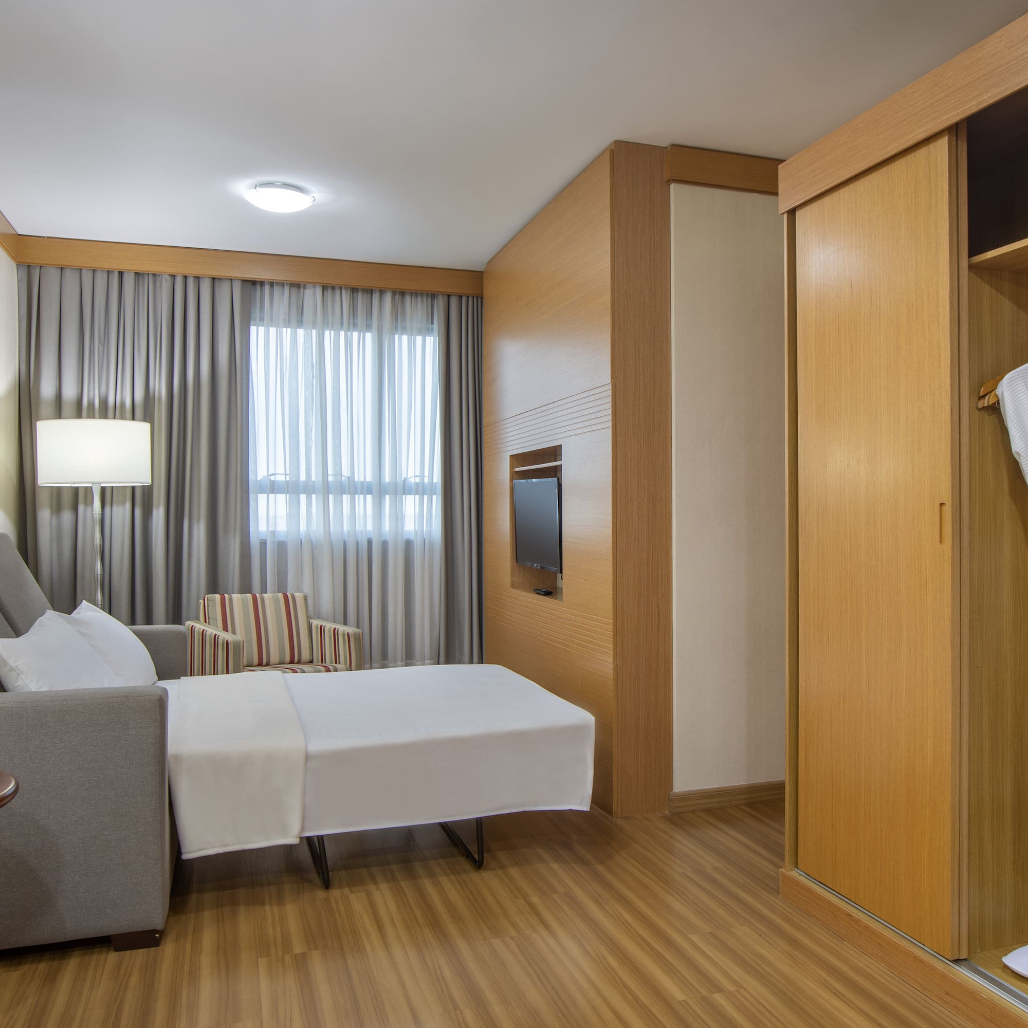 a room with a bed and a closet