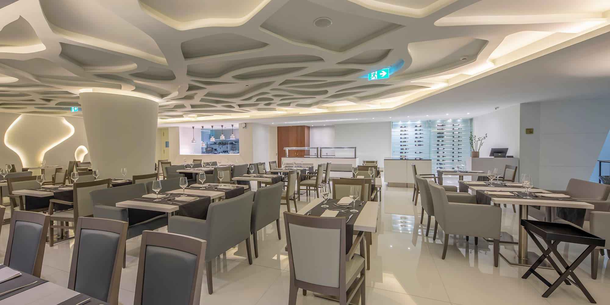 a room with tables and chairs