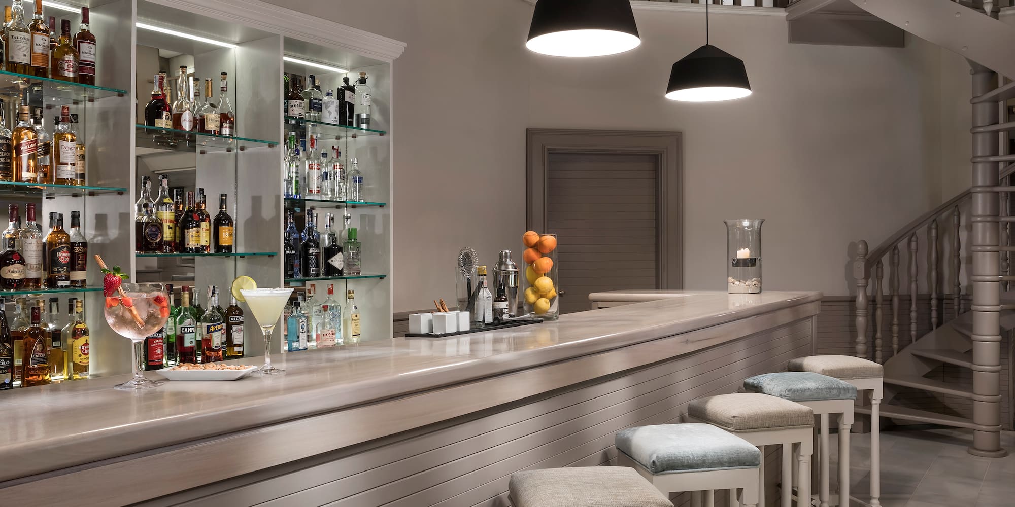 a bar with a shelf of liquor