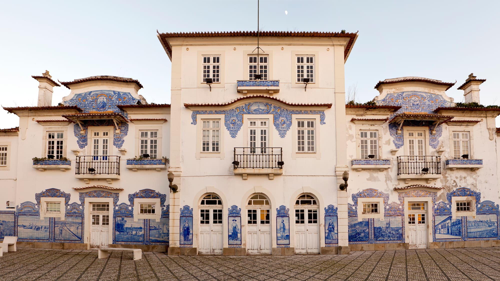 a building with blue painted walls