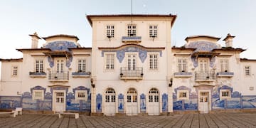 a building with blue painted walls