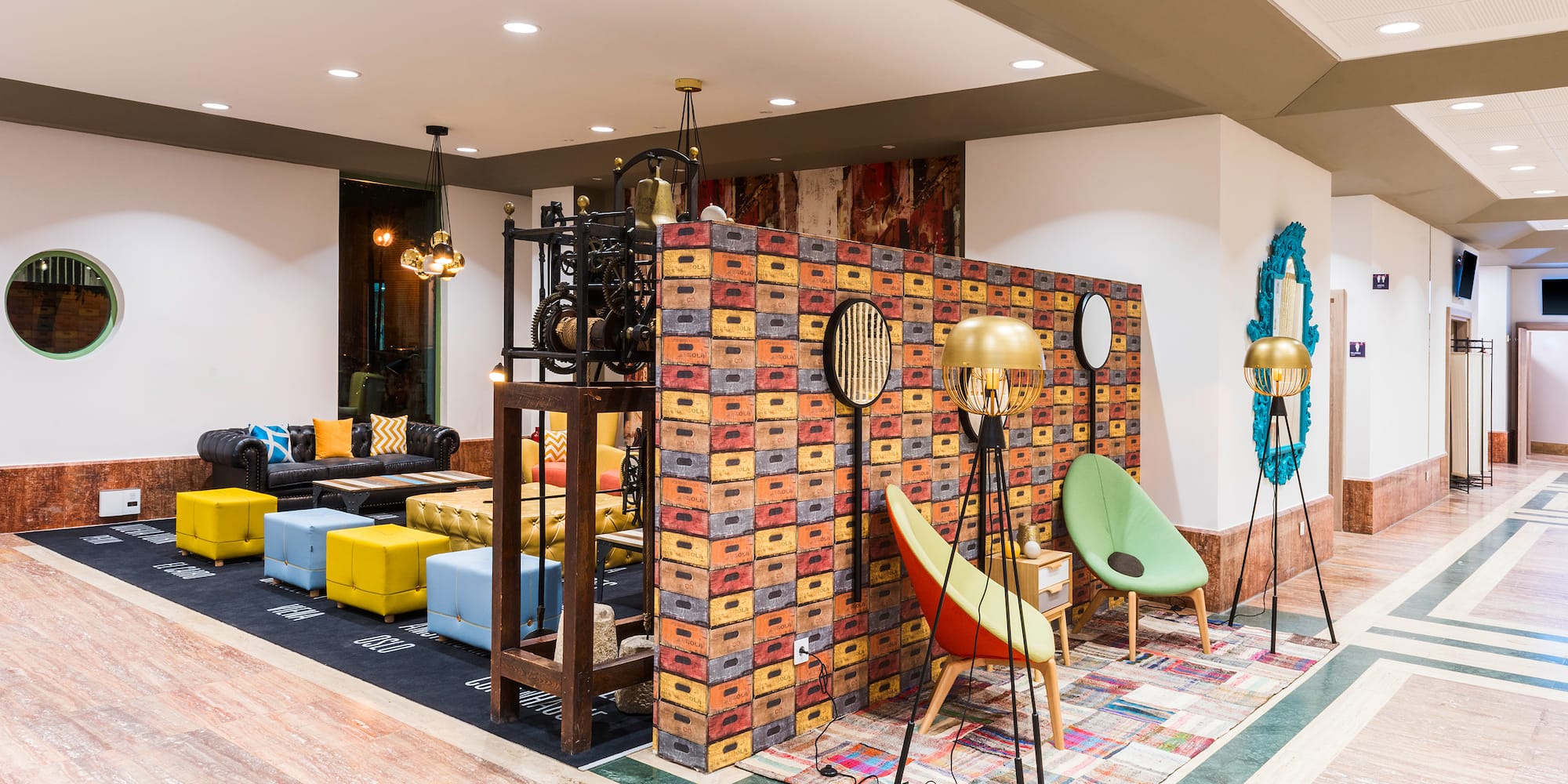 a room with colorful furniture