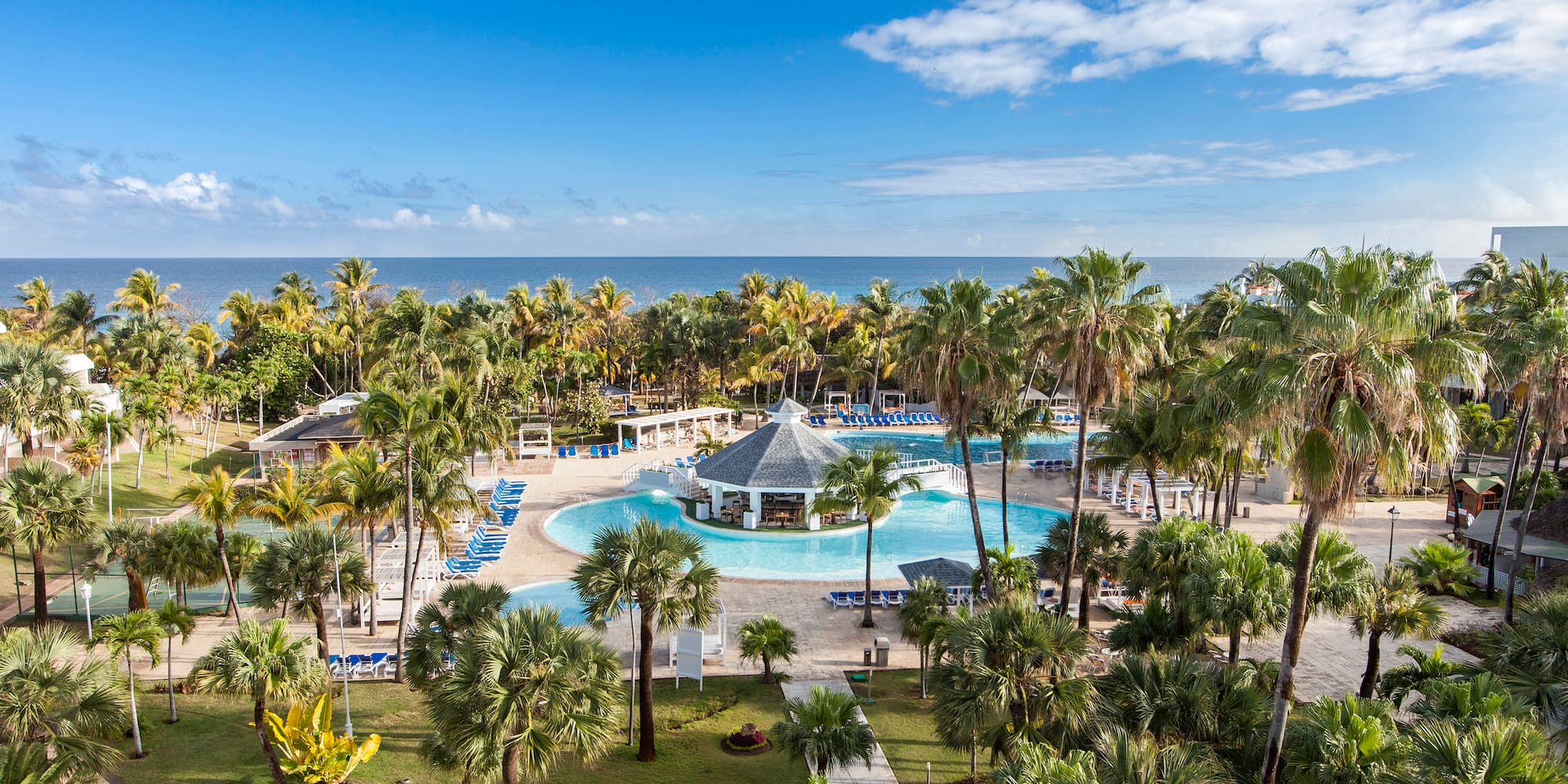 a pool with palm trees and a gazebo