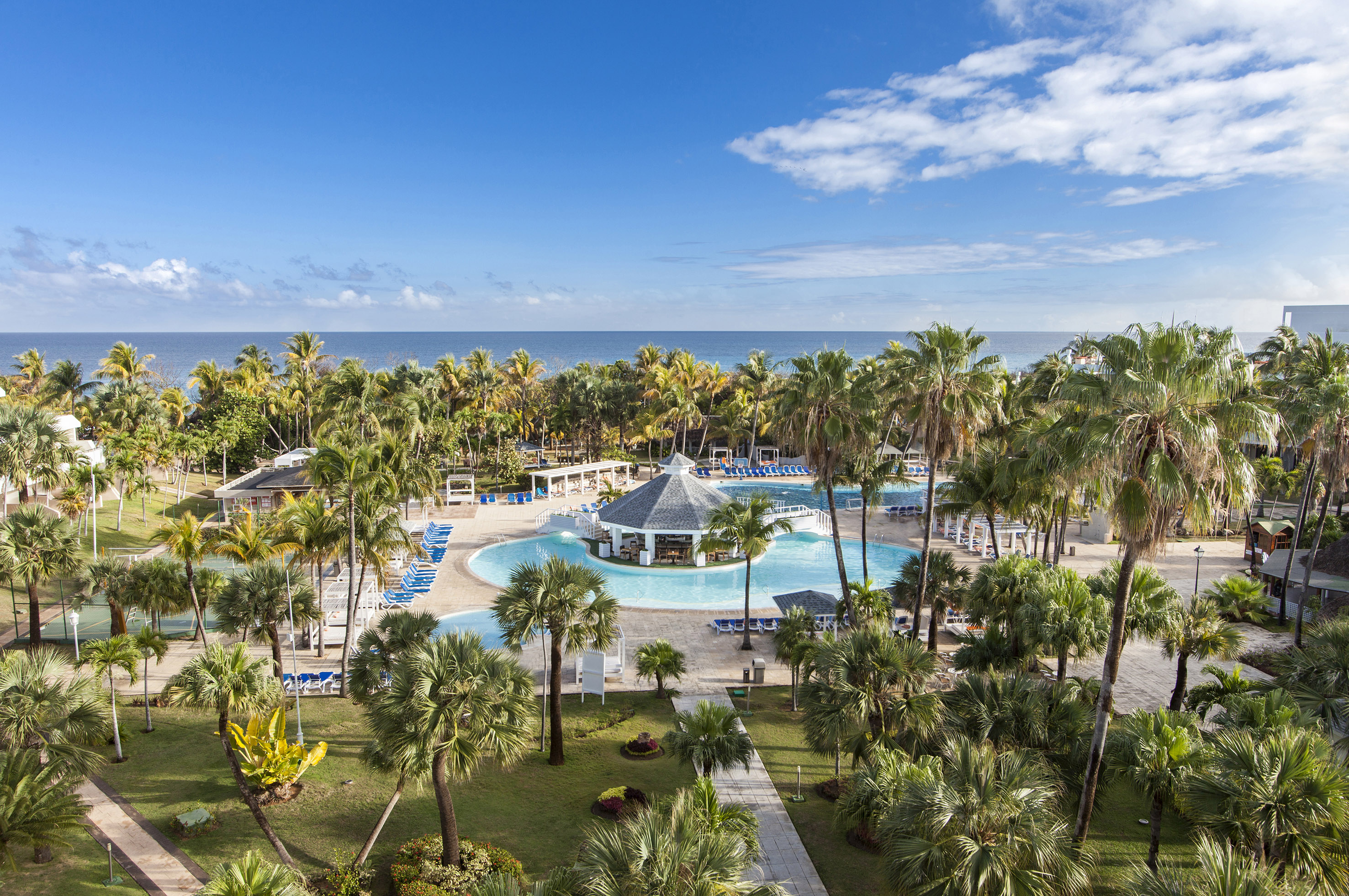a pool with palm trees and a gazebo