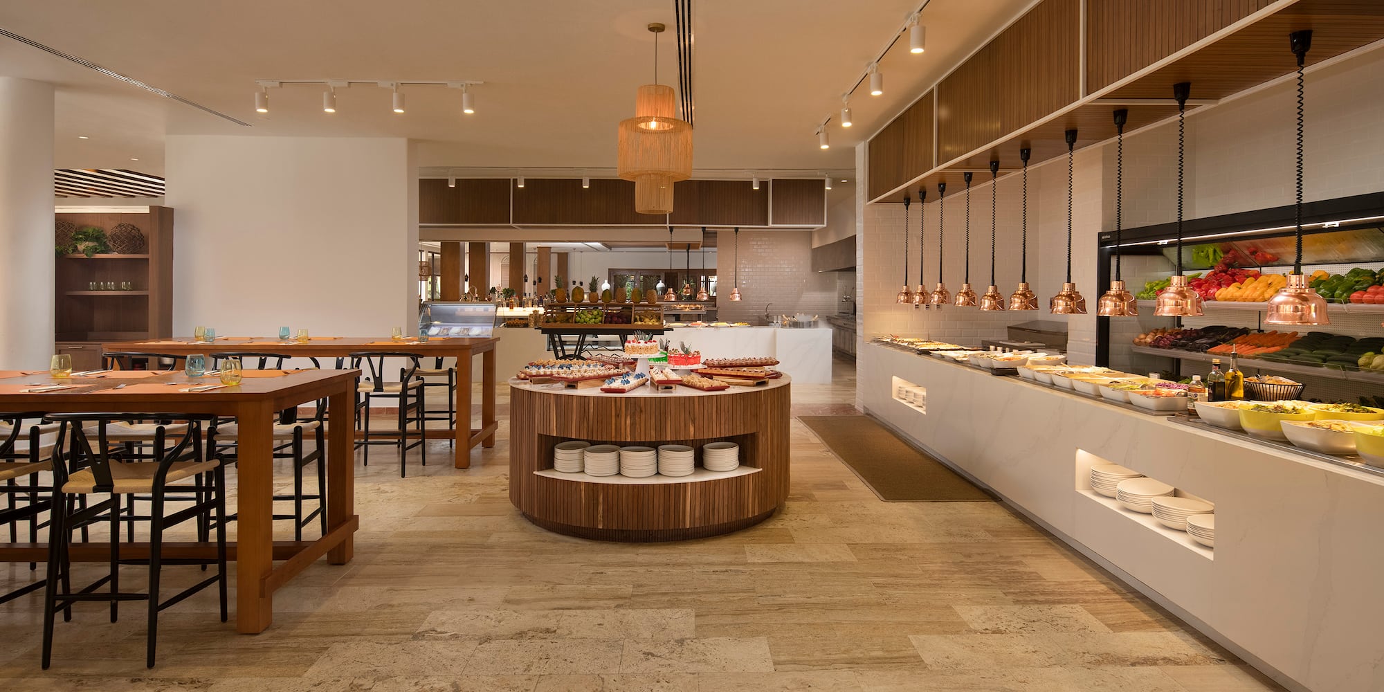 a restaurant with food on the counter