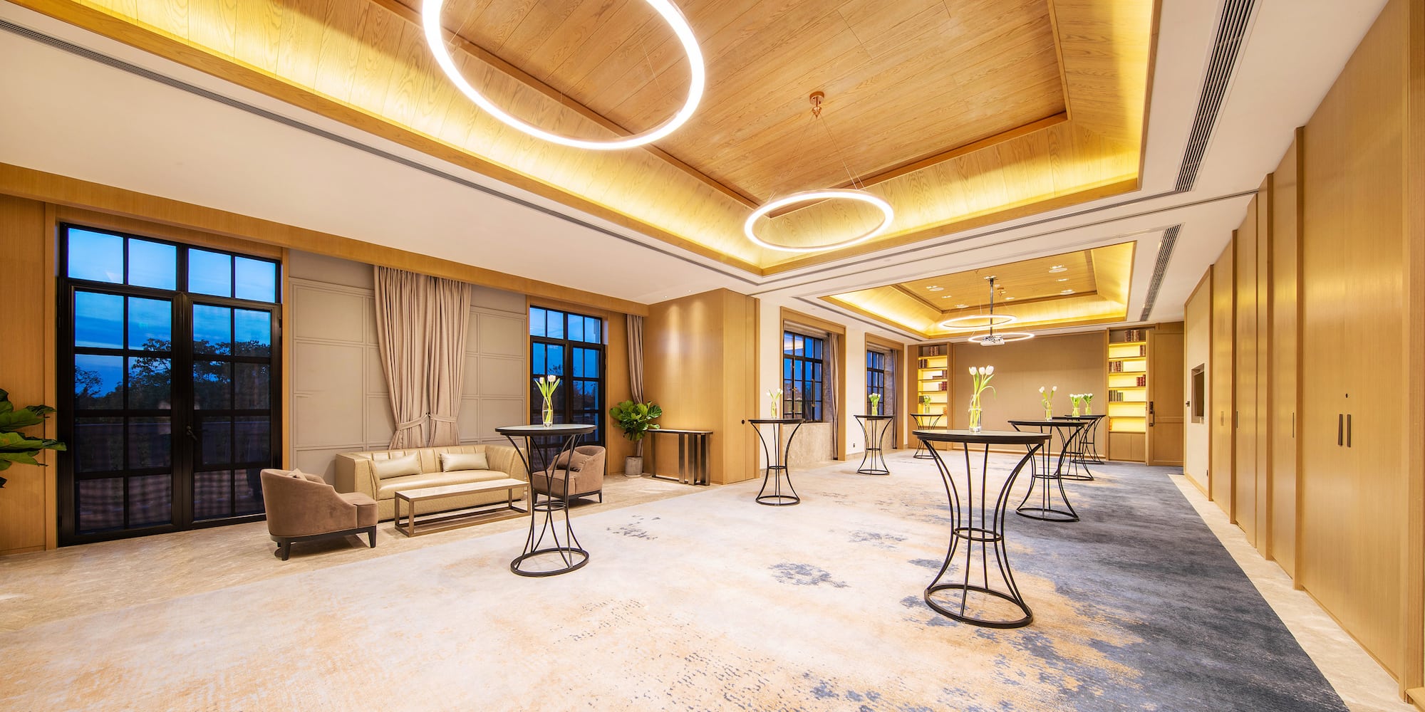 a room with tables and chairs