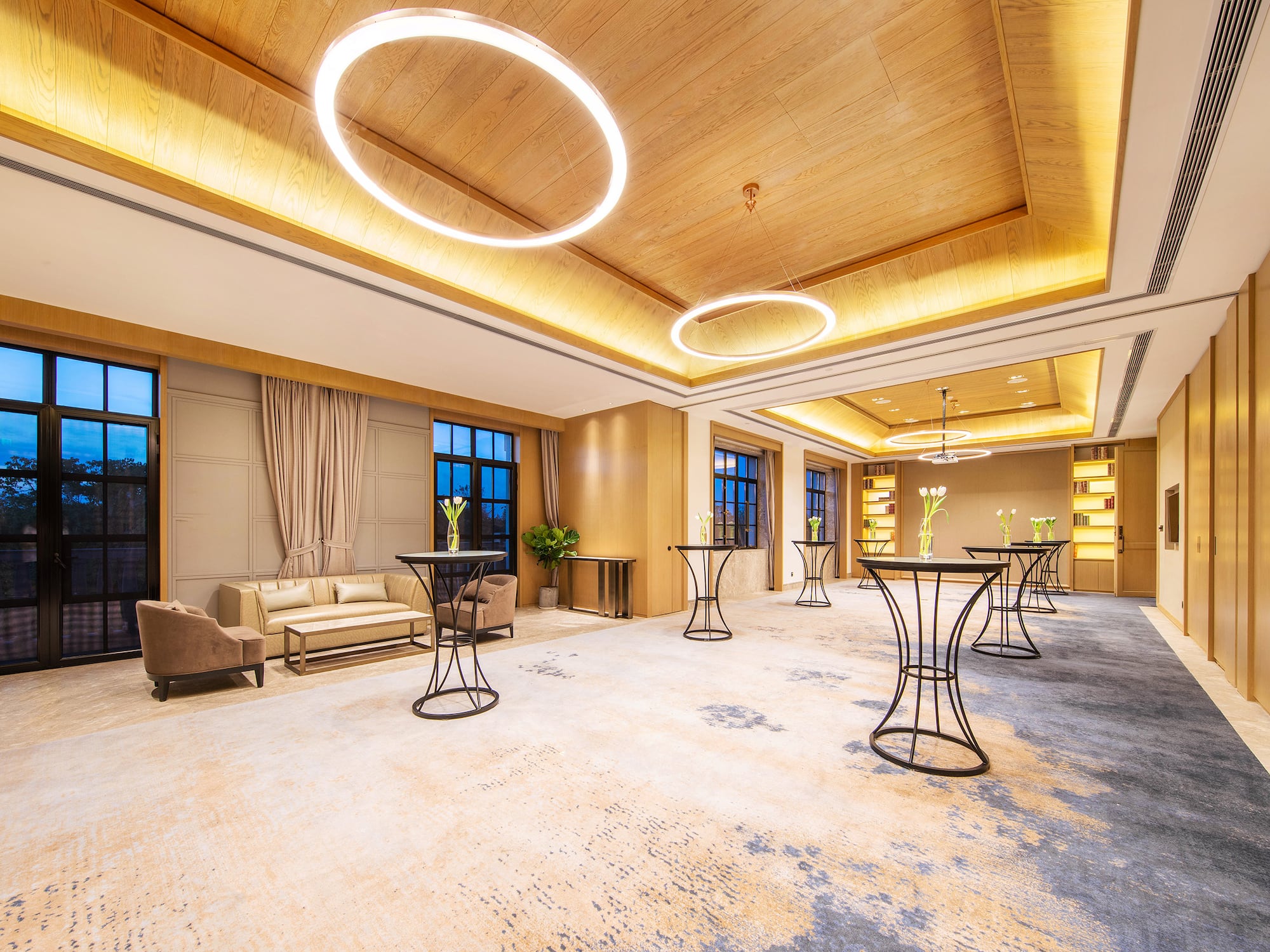 a room with tables and chairs