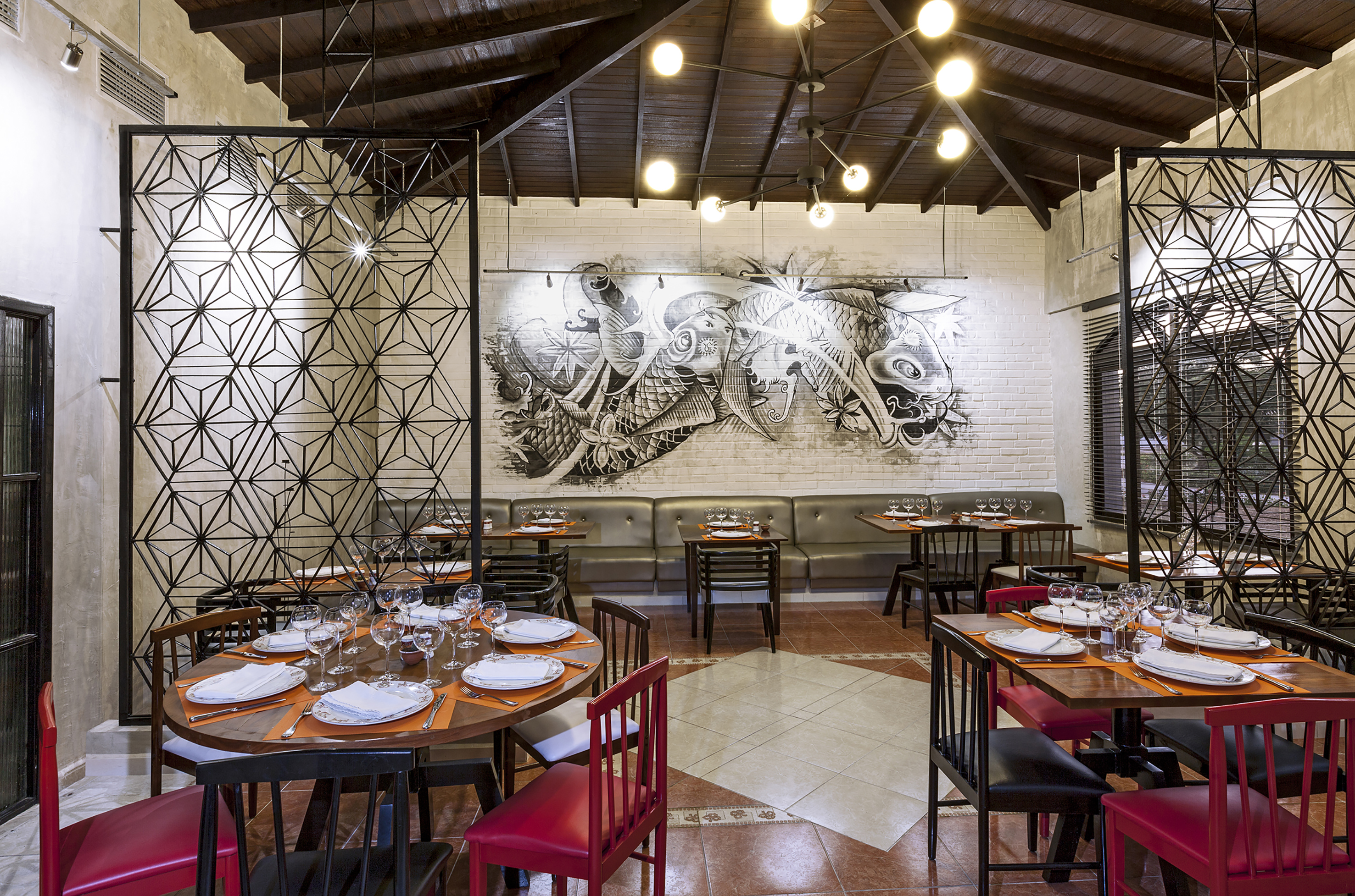 a room with tables and chairs