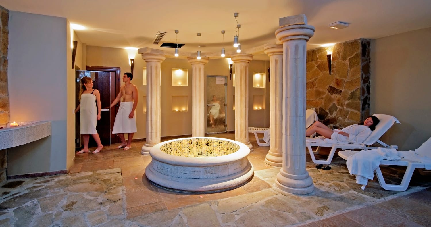 a group of people in a spa