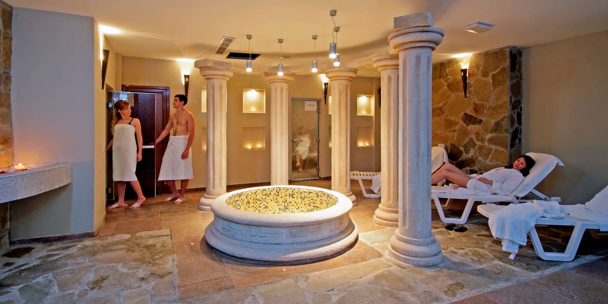 a group of people in a spa