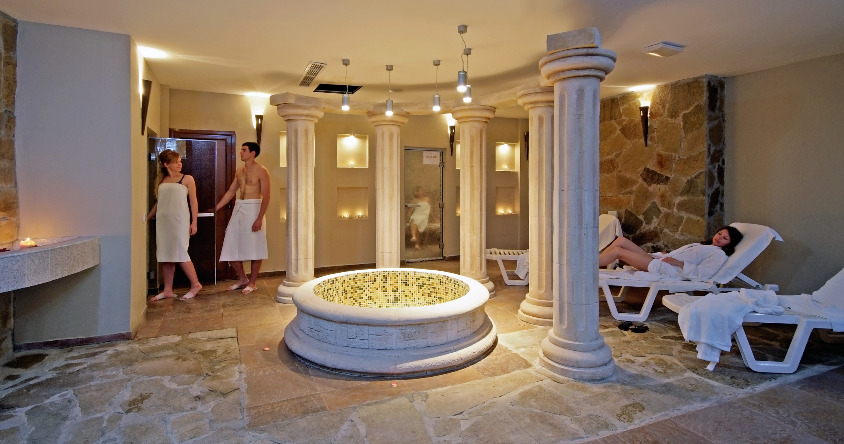 a group of people in a spa
