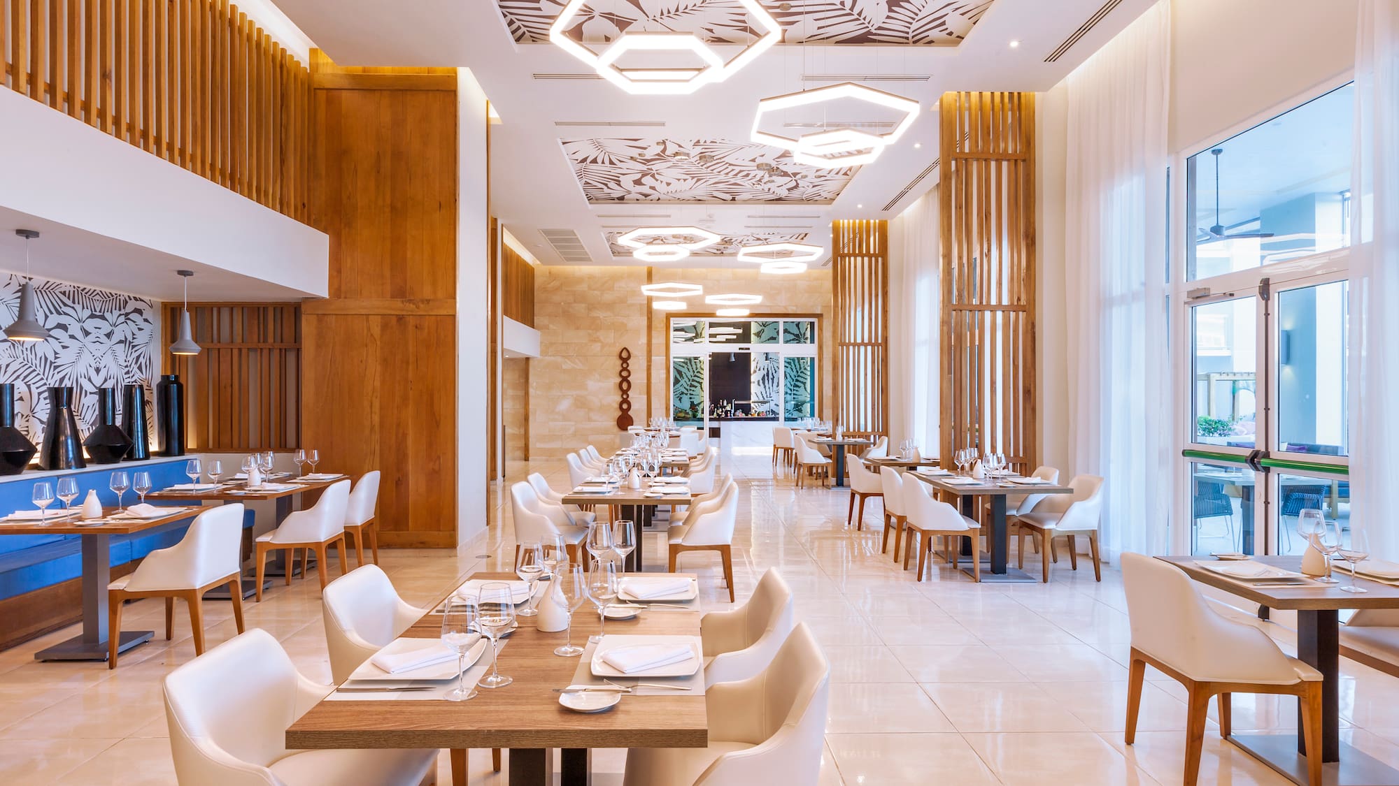 a room with tables and chairs