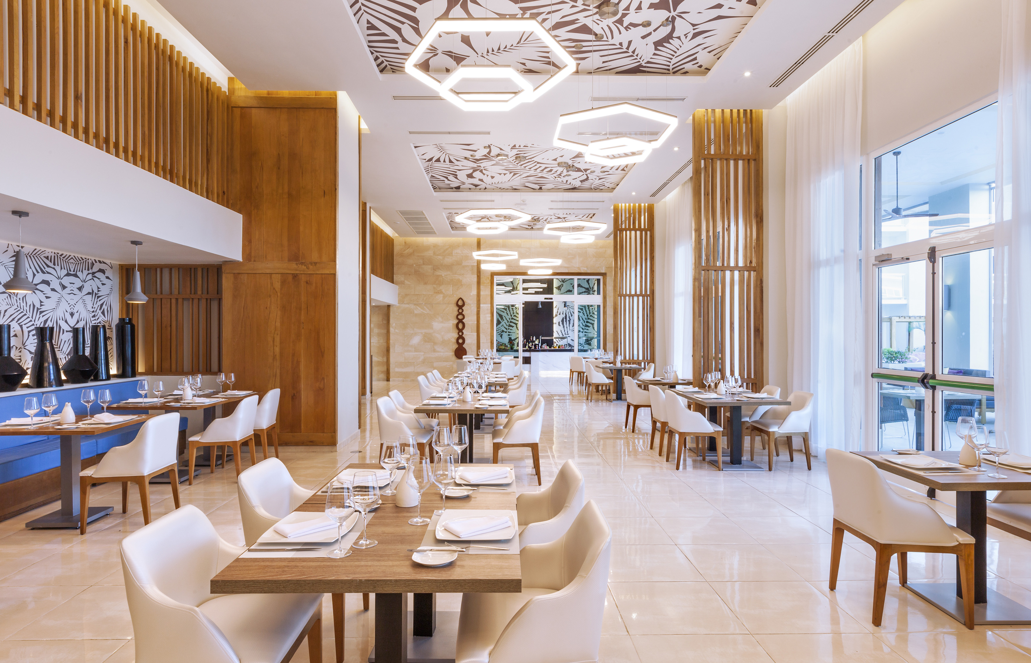 a room with tables and chairs