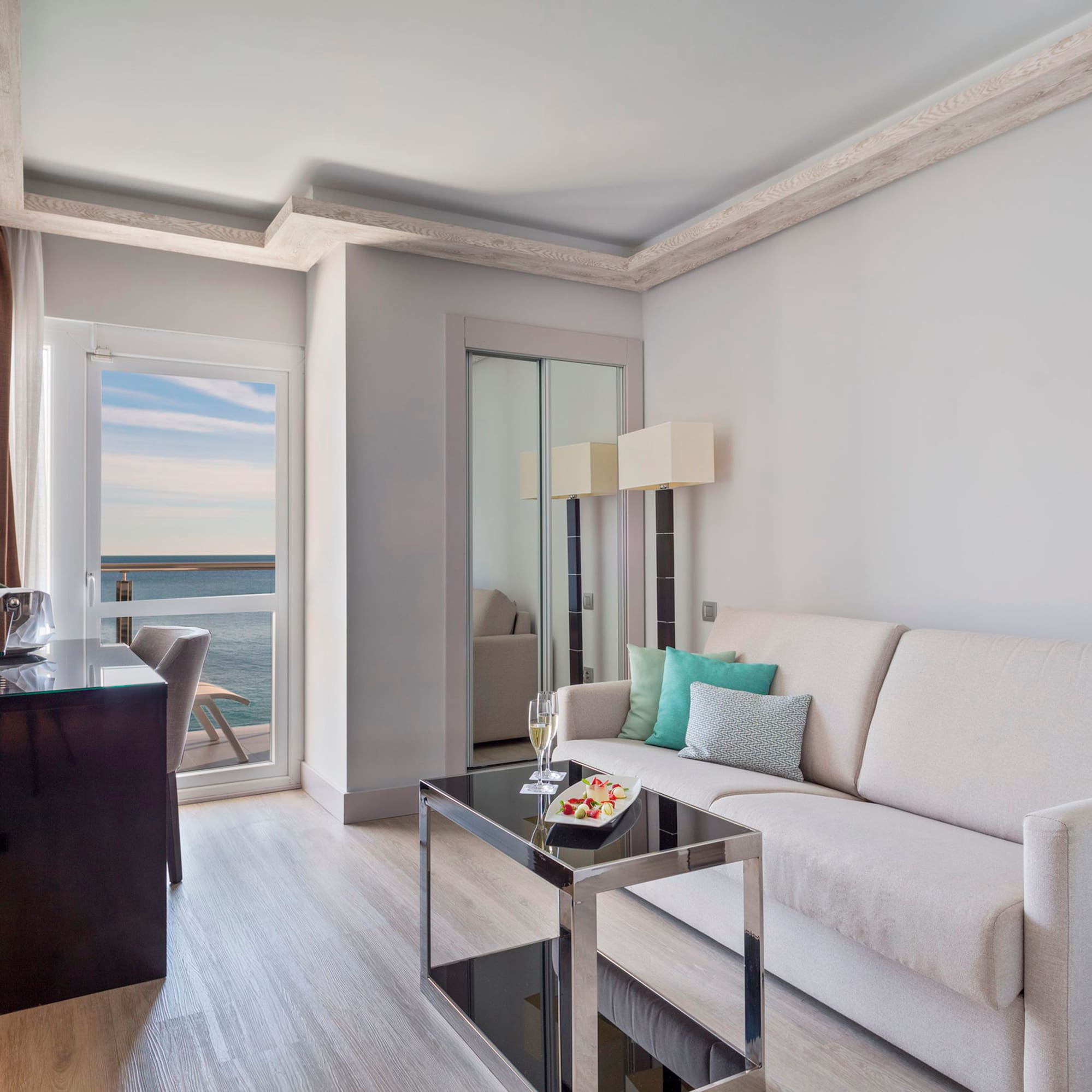 a living room with a couch and a table