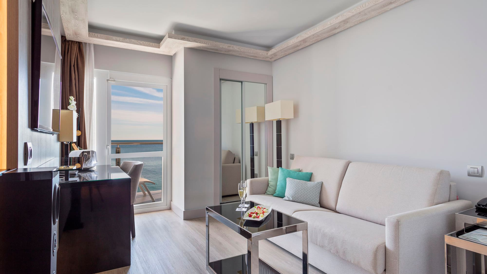 a living room with a couch and a table