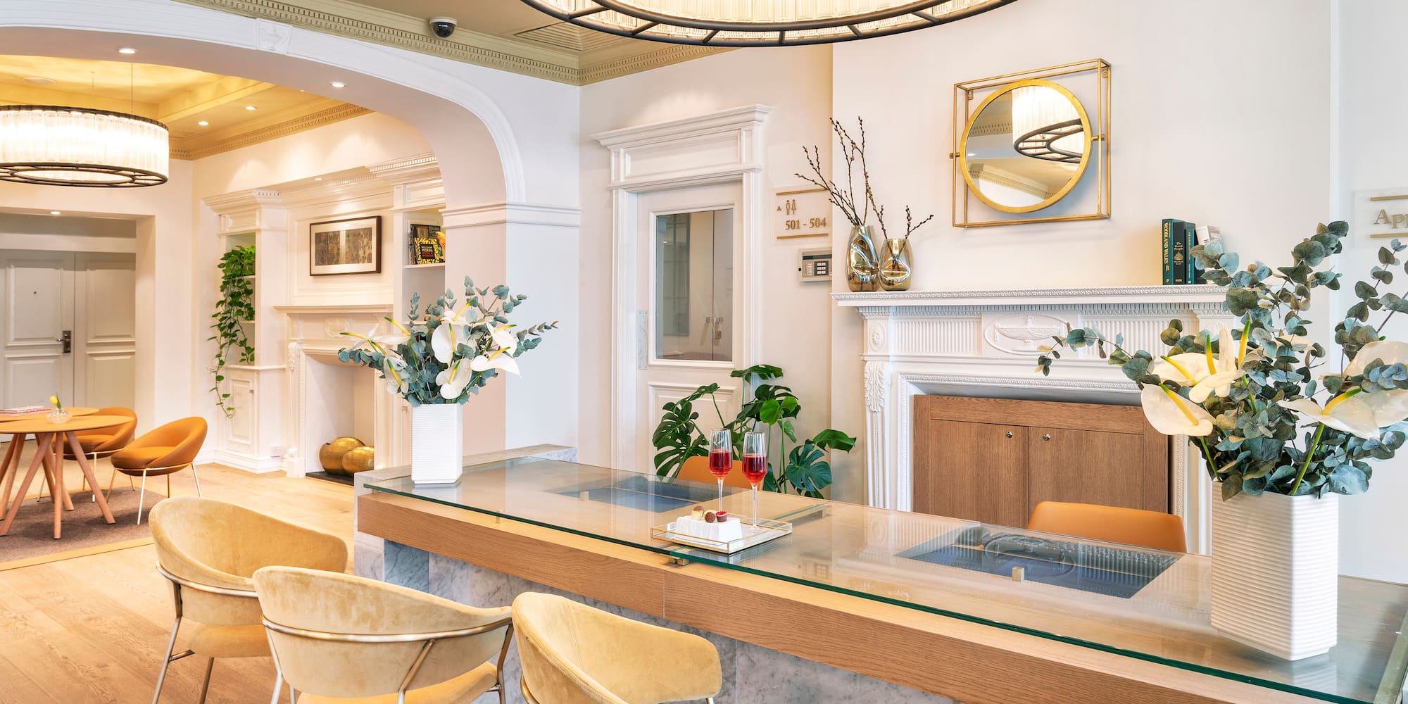 a room with a table and chairs