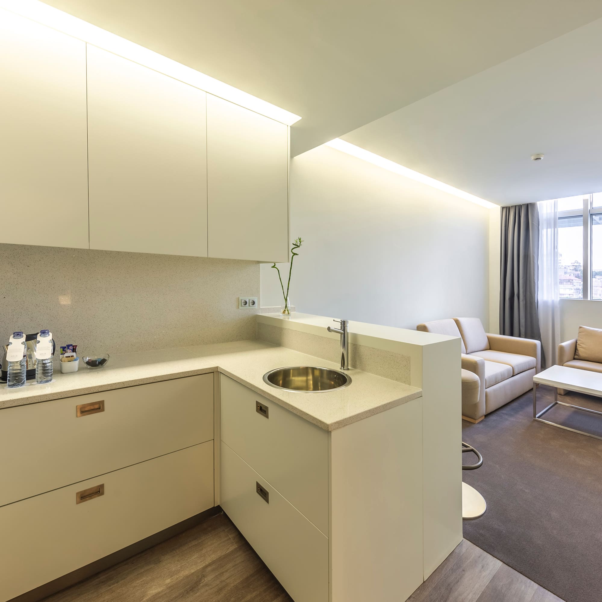 a room with a sink and a couch