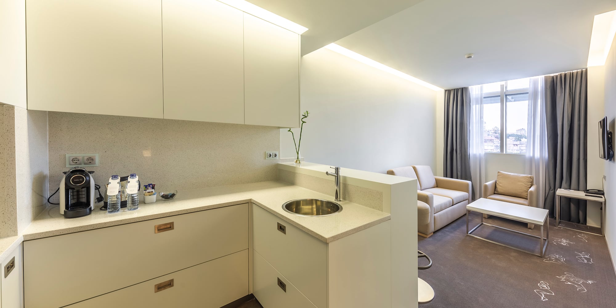 a room with a sink and a couch