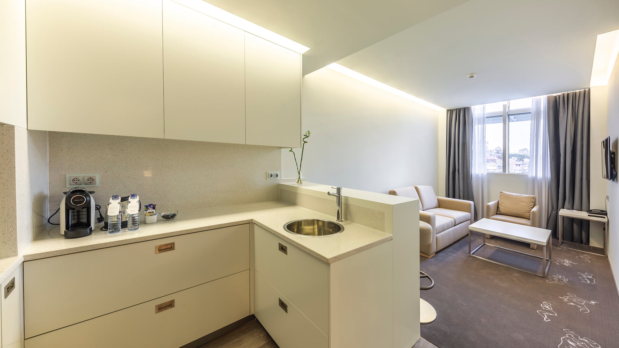 a room with a sink and a couch