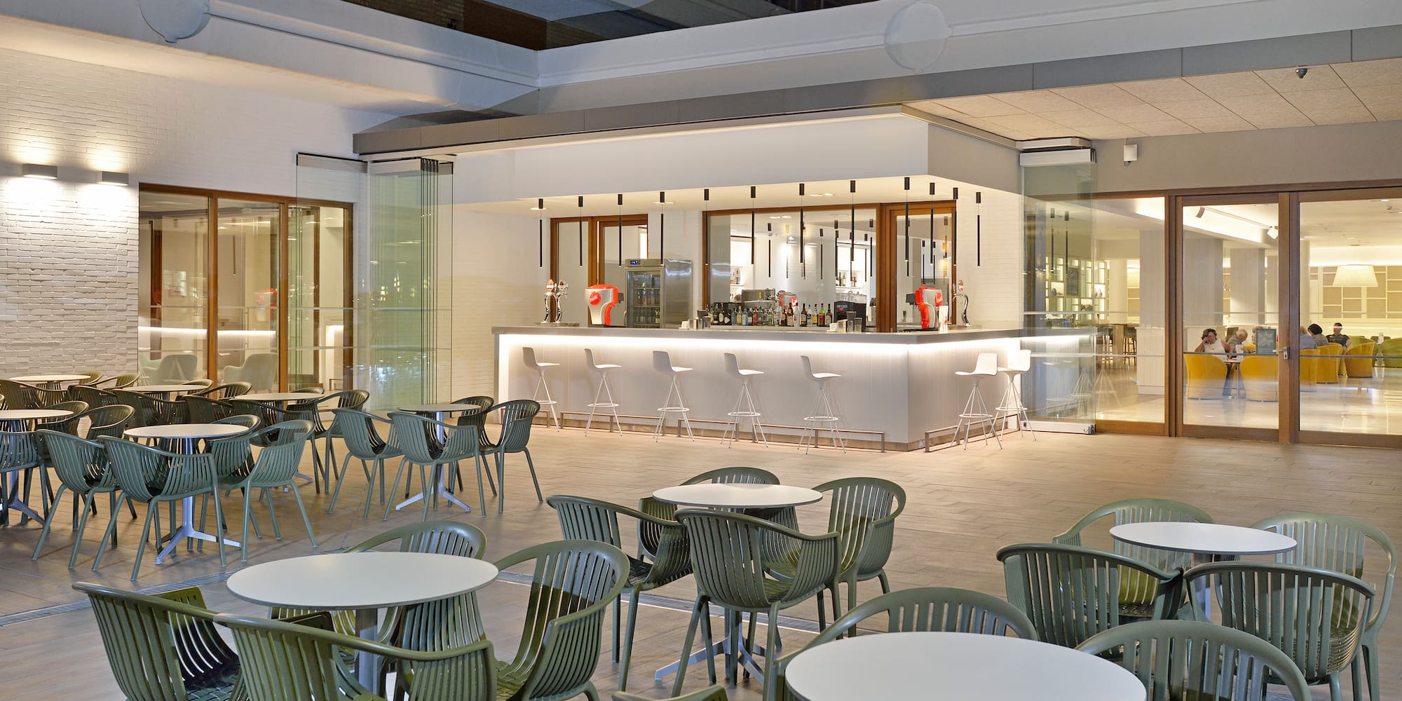 a room with tables and chairs