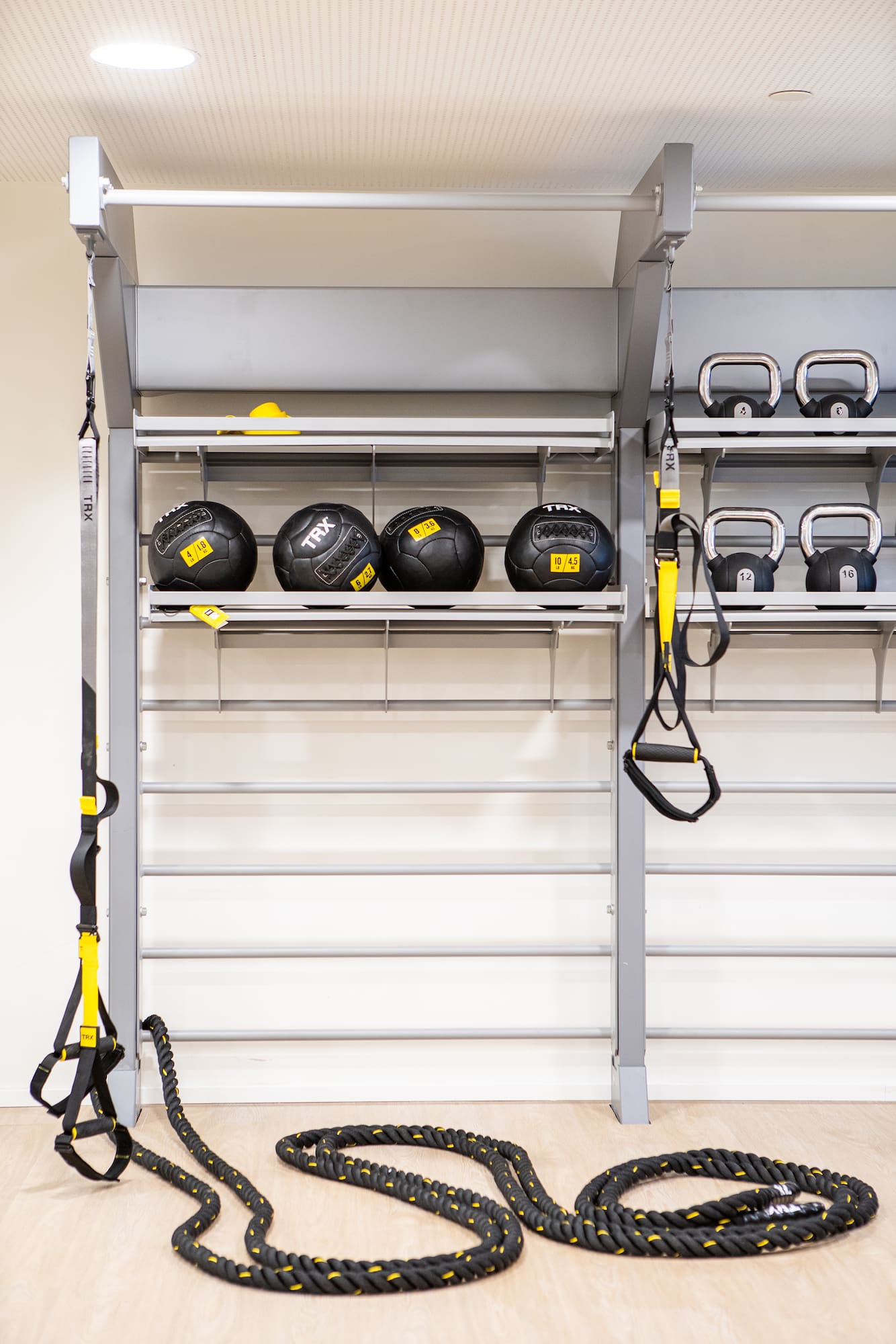 a wall with a rack with weights and balls