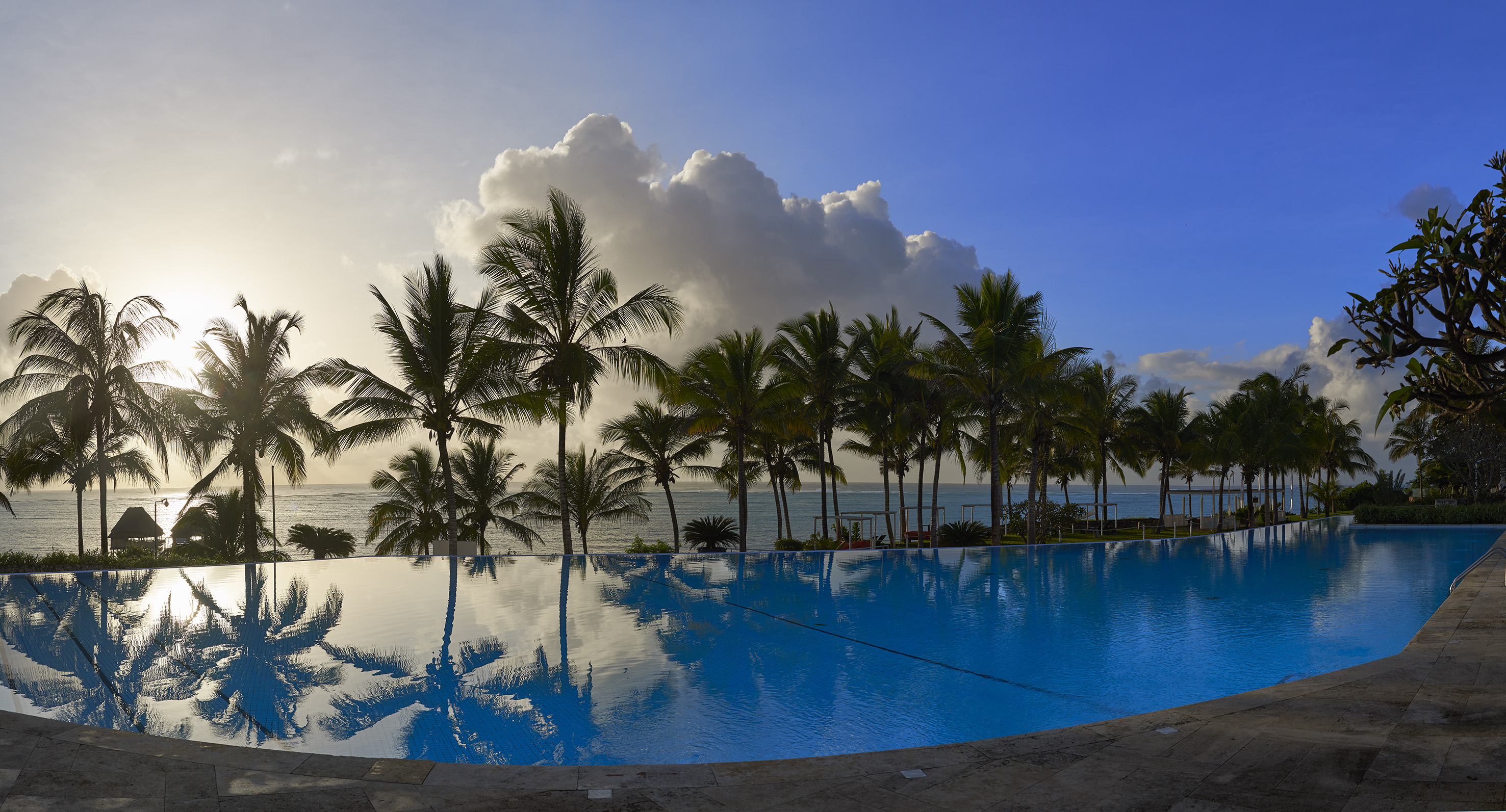 Infinity pool reflecting palm trees, ocean, and bright cloudy sky.