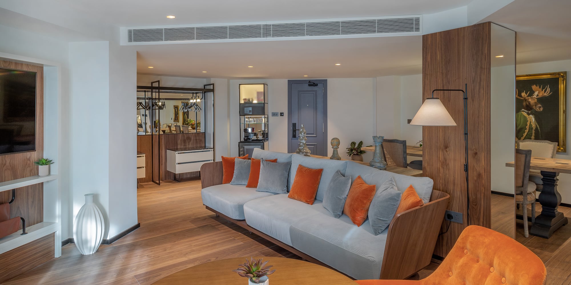 a living room with a couch and a table