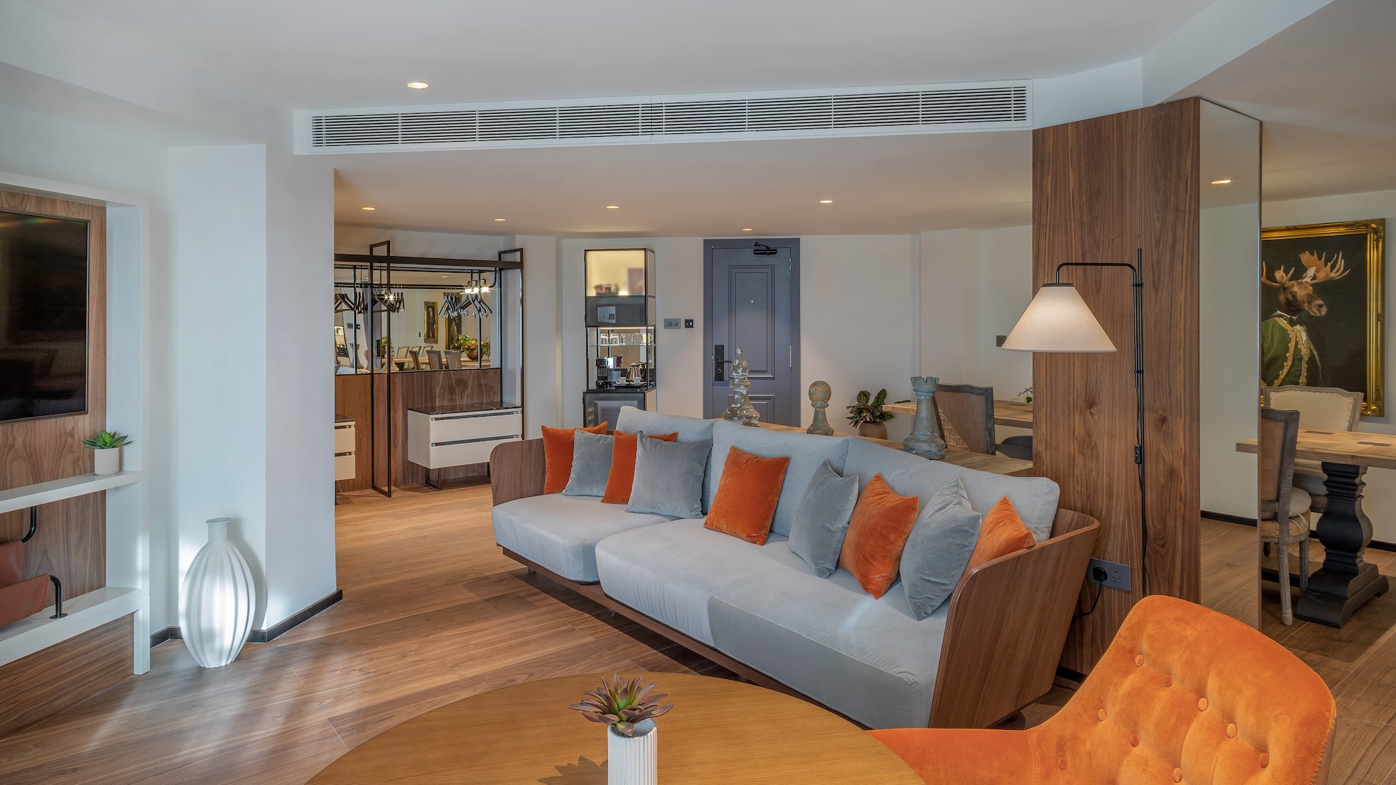 a living room with a couch and a table