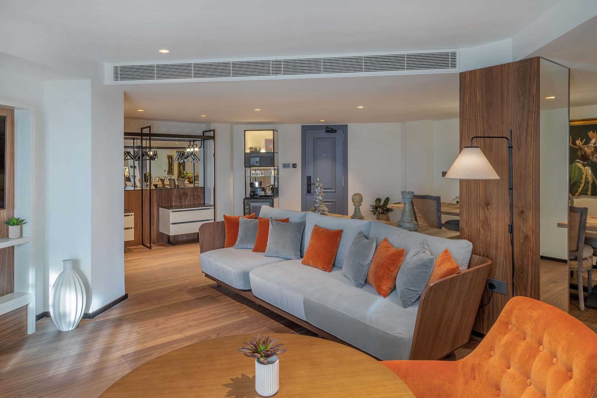 a living room with a couch and a table