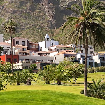 a green lawn with palm trees and buildings in the background