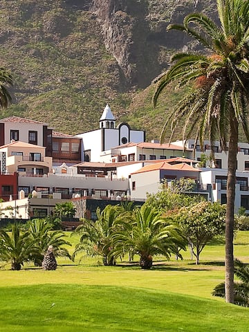 a green lawn with palm trees and buildings in the background
