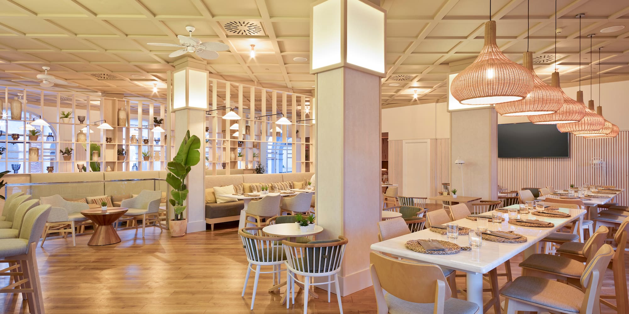 a restaurant with tables and chairs