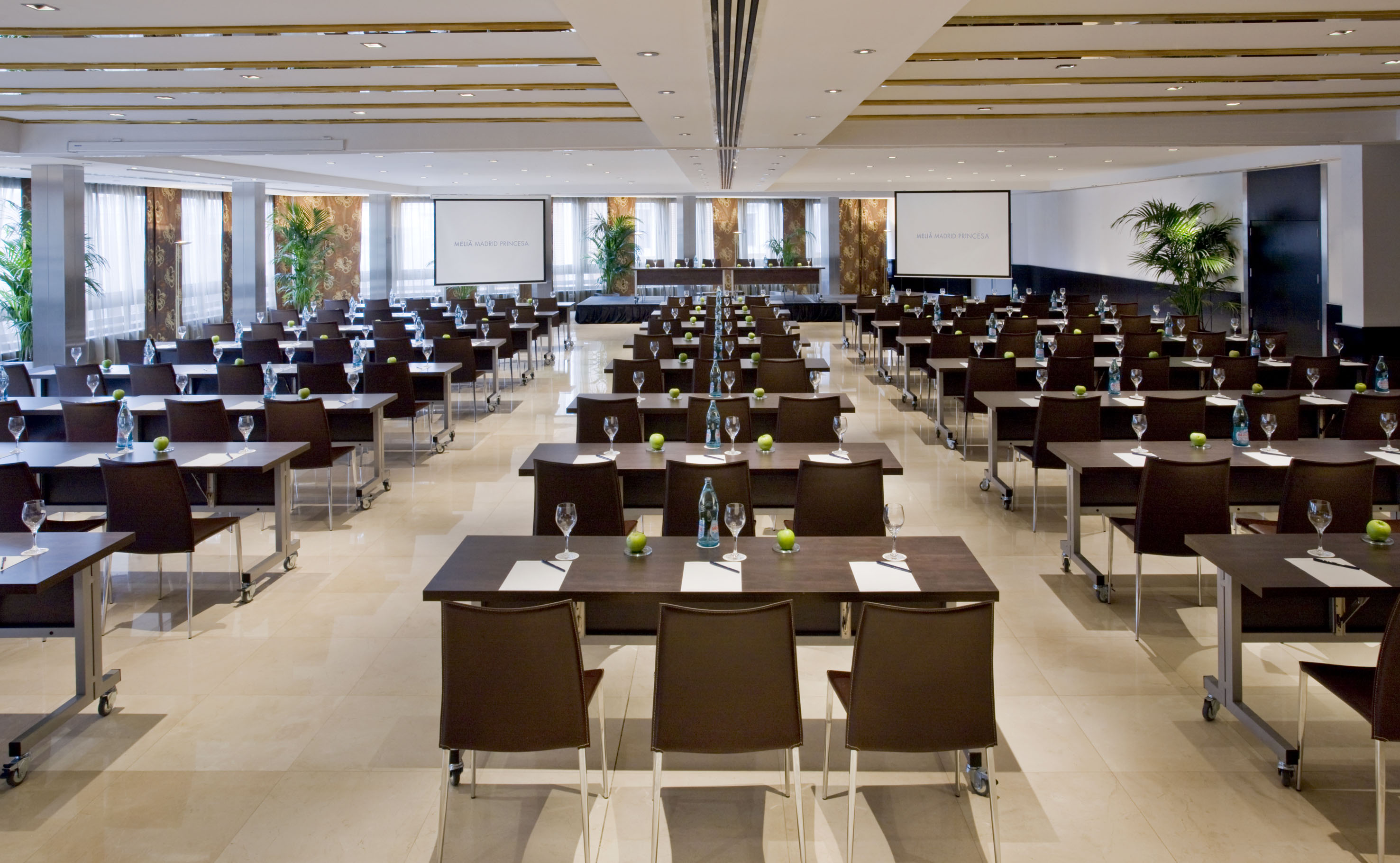 Meliá Madrid Princesa conference room: classroom setup, projector screens.