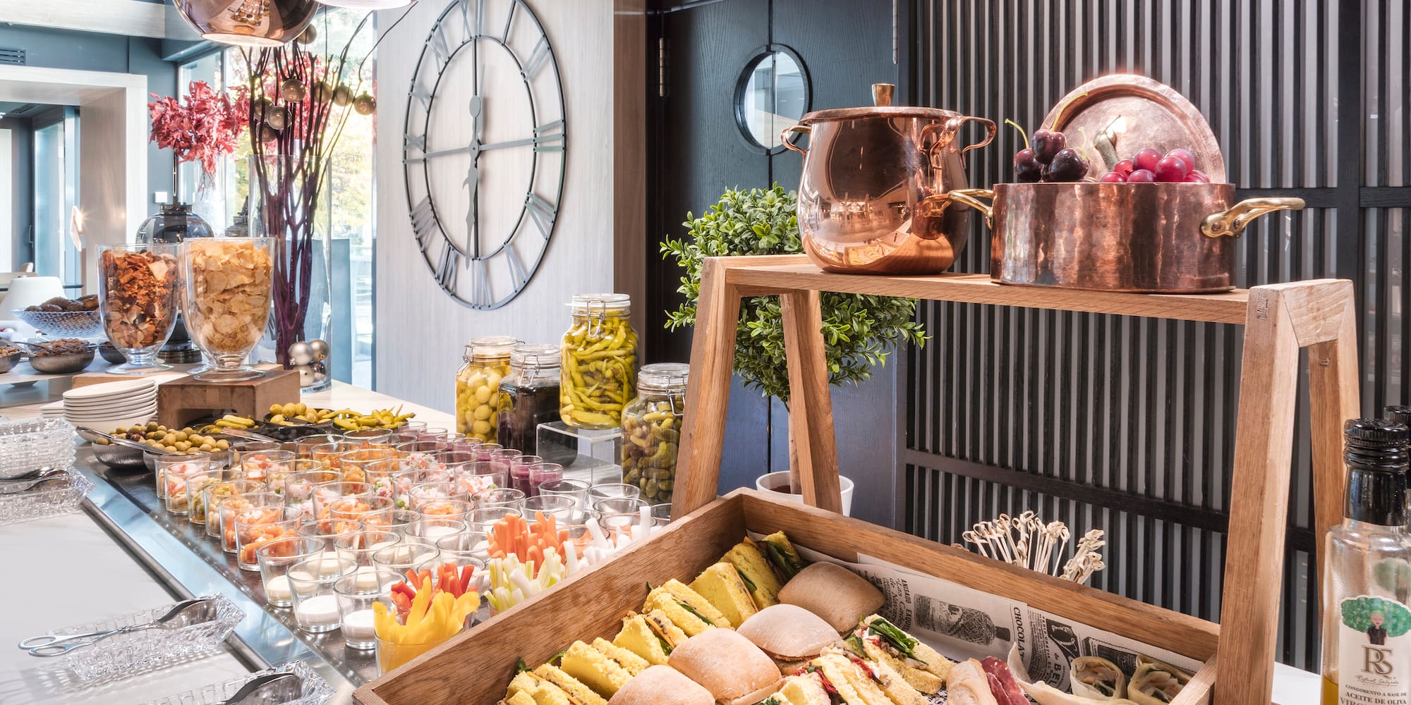 a buffet table with food and drinks