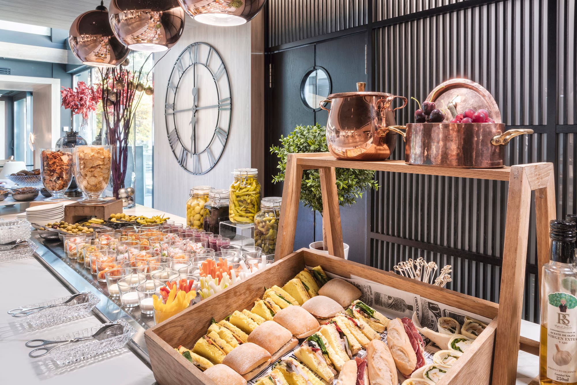 a buffet table with food and drinks