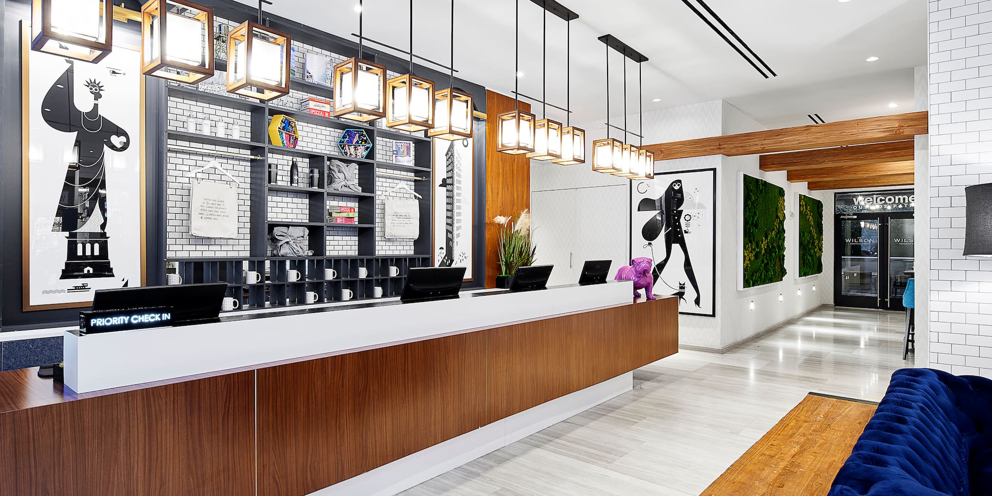 a reception desk in a hotel