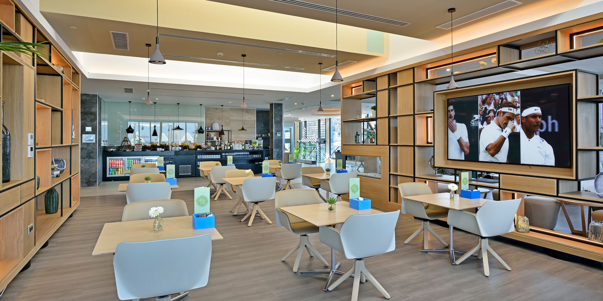 a room with tables and chairs