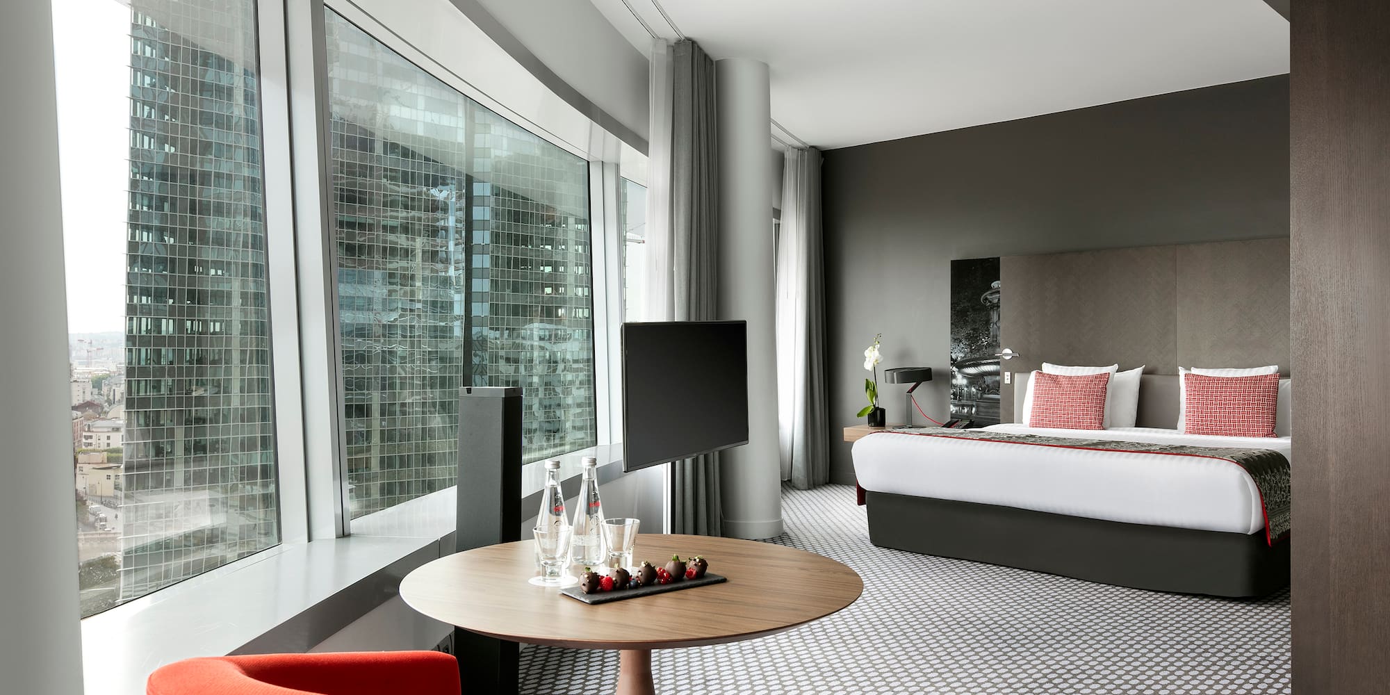 a room with a bed and a table