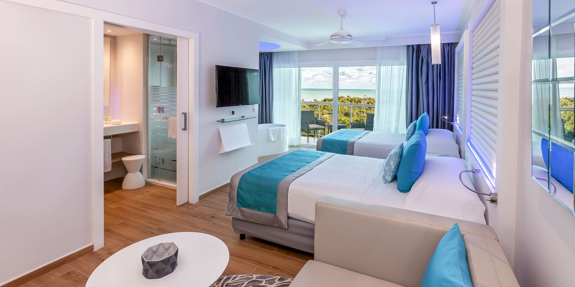 a room with two beds and a television