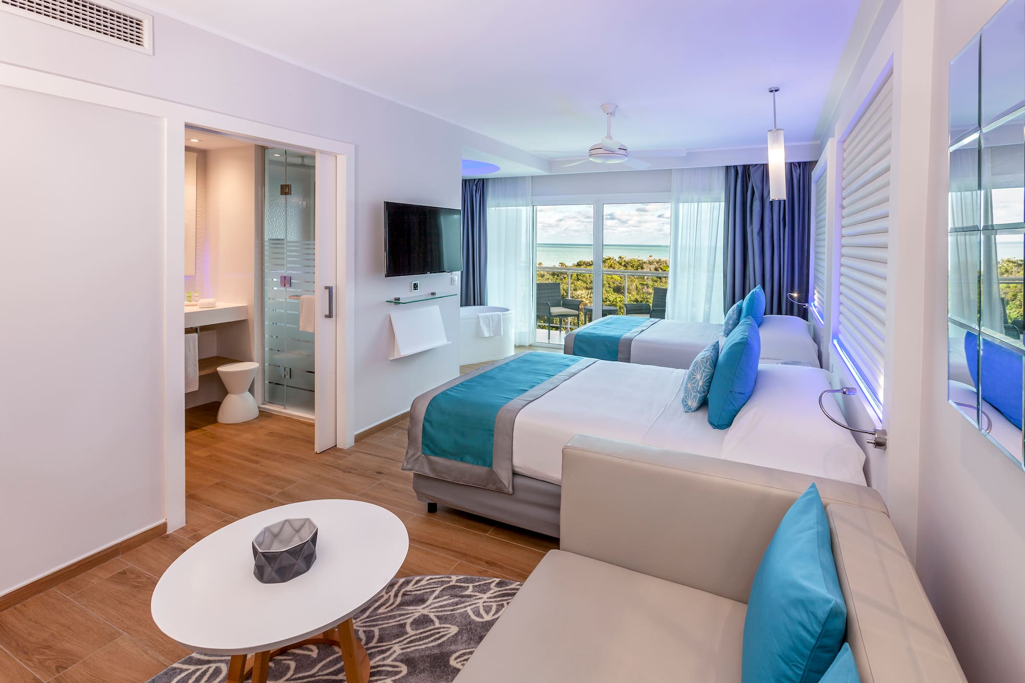 a room with two beds and a television