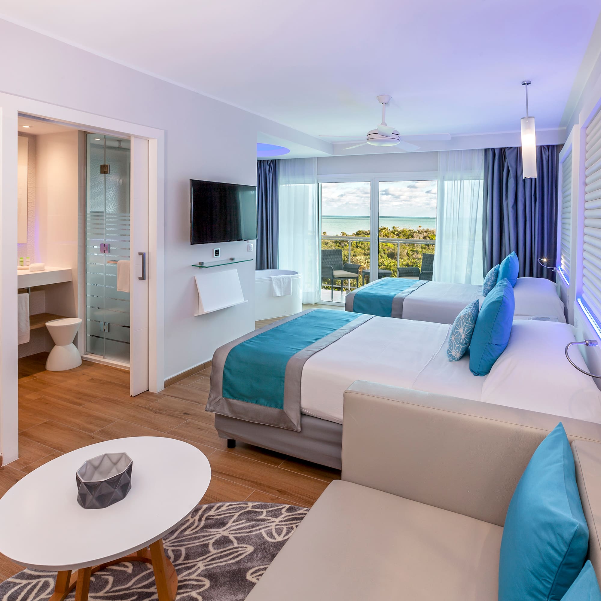 a room with two beds and a television