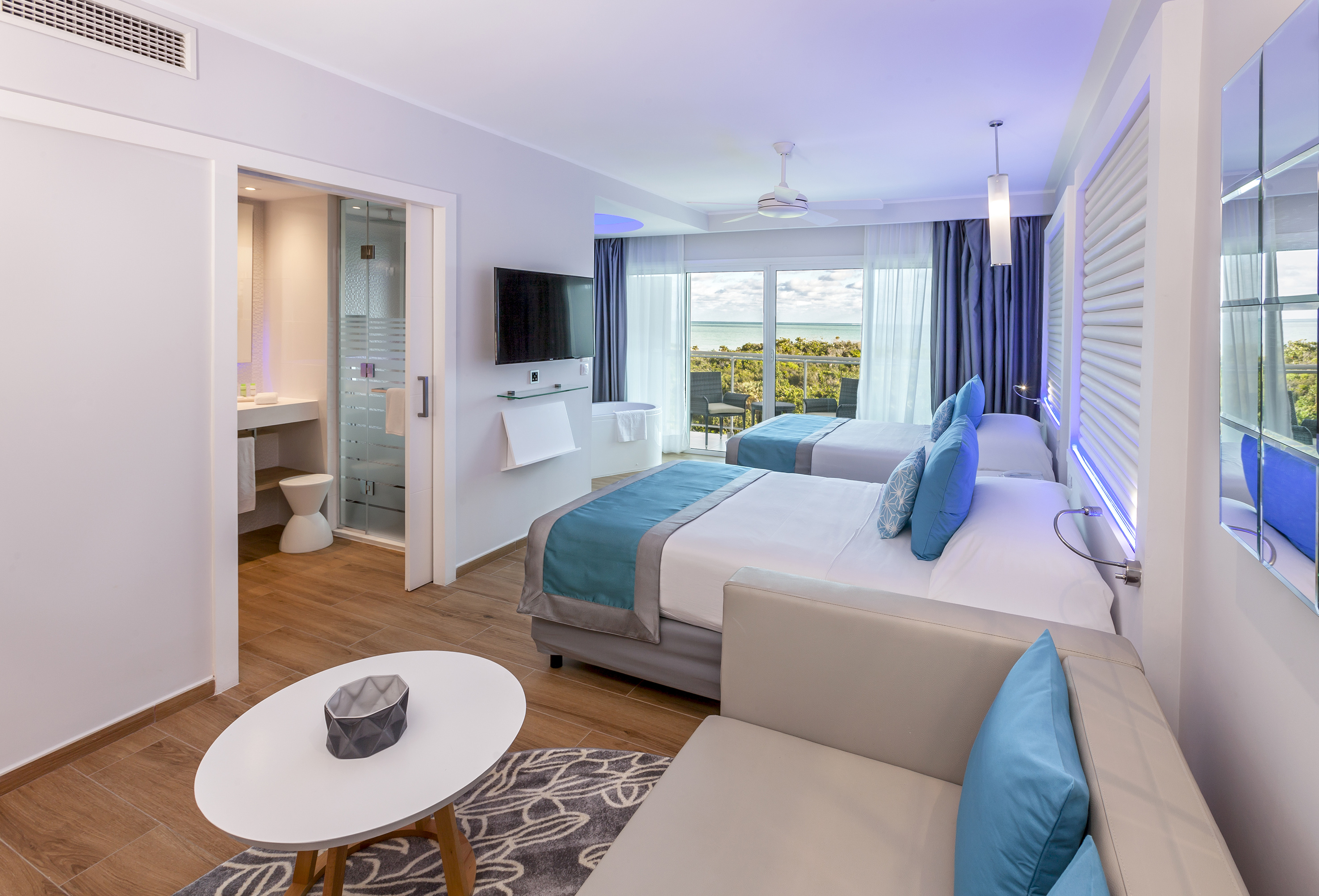 a room with two beds and a television