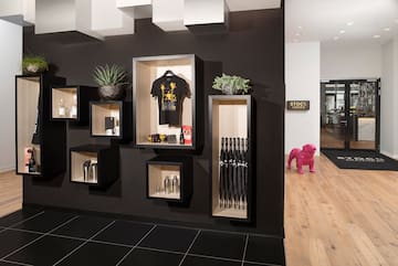 a black wall with shelves and a pink dog