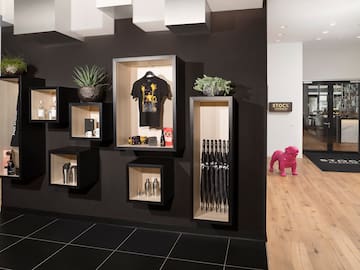 a black wall with shelves and a pink dog