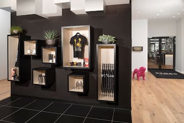a black wall with shelves and a pink dog