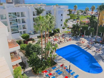 a swimming pool with palm trees and a building with a body of water