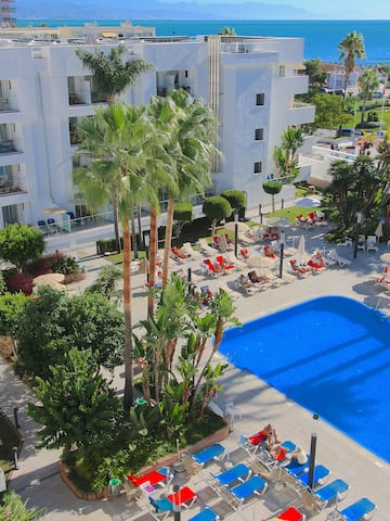 a swimming pool with palm trees and a building with a body of water