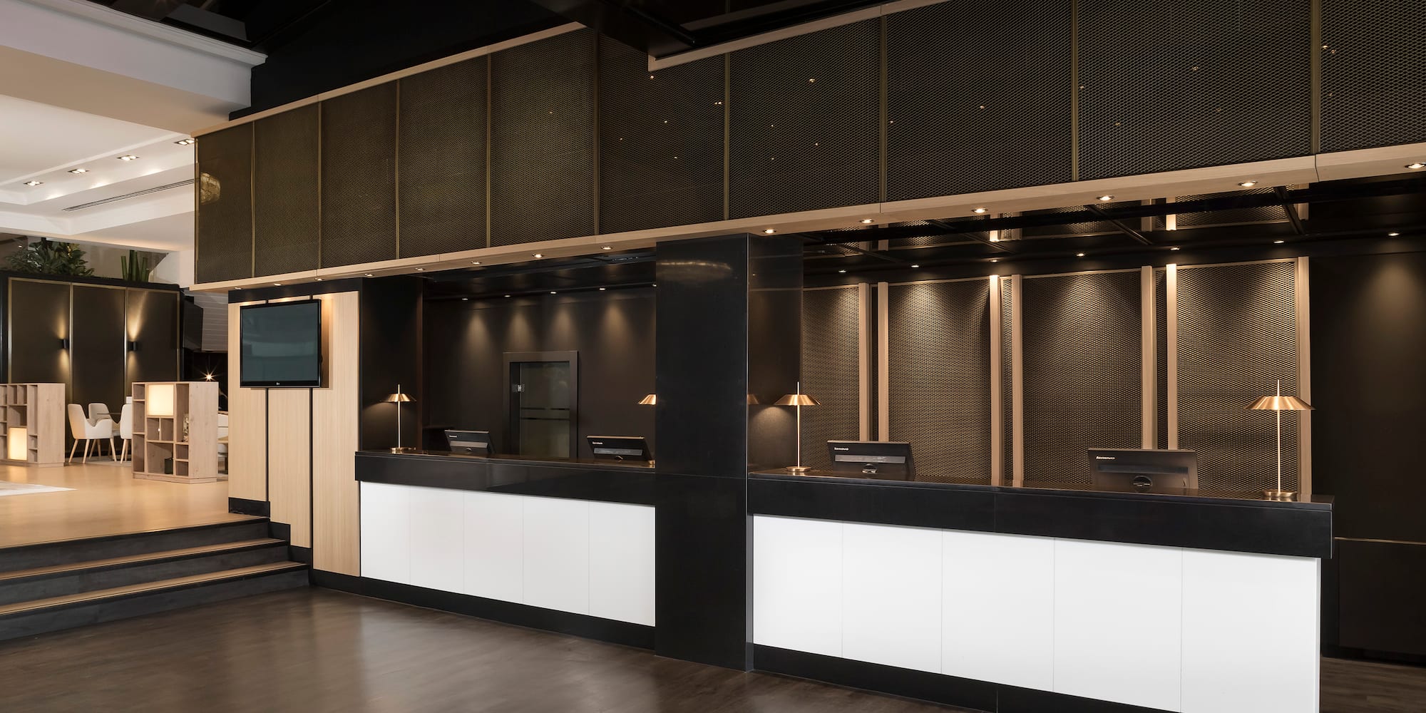 a reception desk in a building