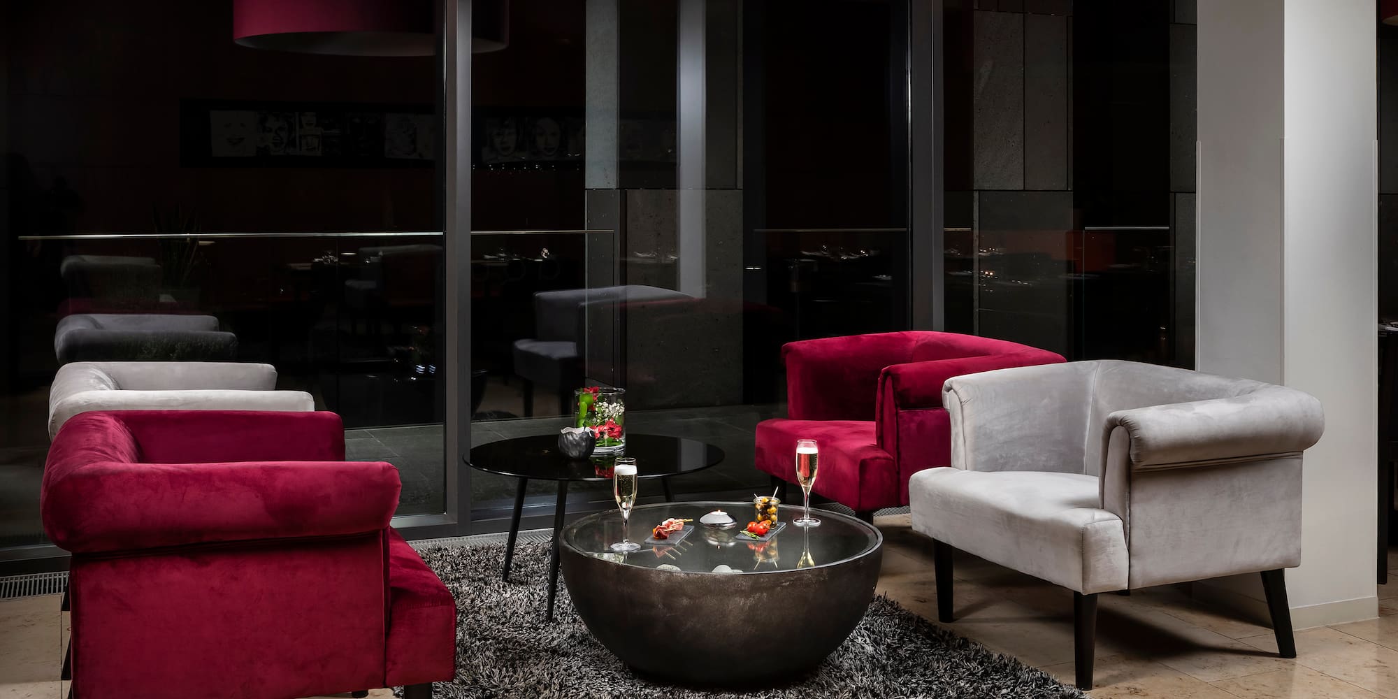 a room with chairs and a table