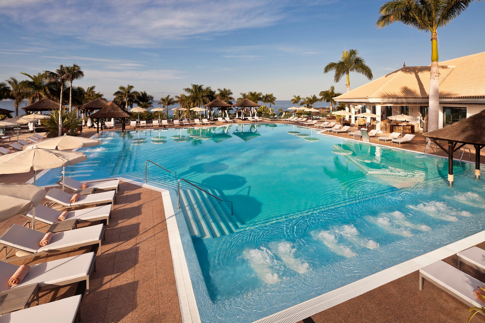 Luxury resort pool, palm trees, sun loungers, ocean view.